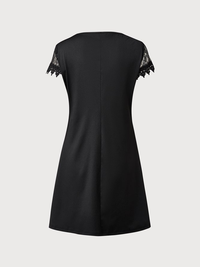 Elegant Regelmäßige Passform Unifarben Spitze Kurzarm Stricken Kleid