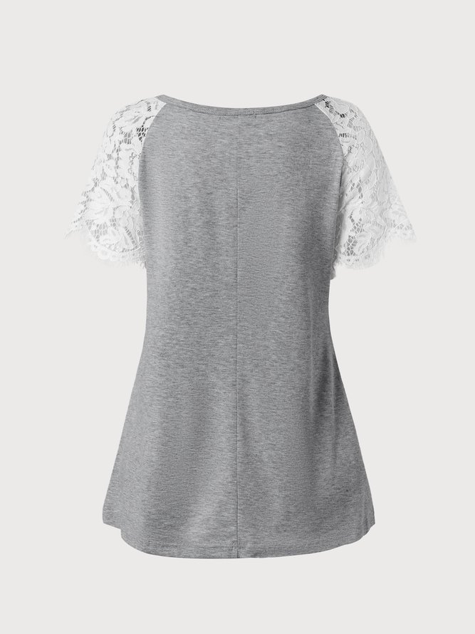 Unifarben Spitze Kurzarm Rundhals Blusen & Shirts