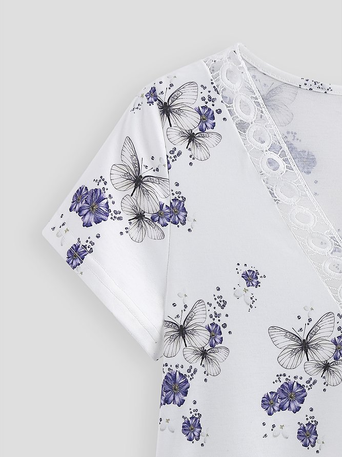 V-Ausschnitt Kurzarm T-Shirt mit Schmetterling Print