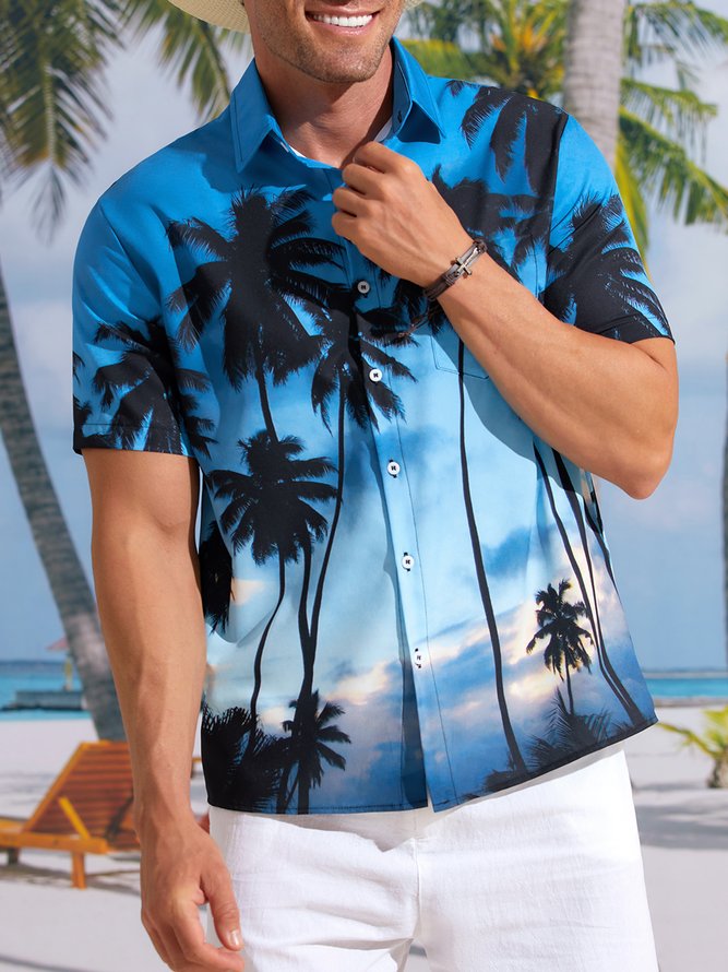 Urlaub Stil Hawaii Serie Farbverlauf Landschaft Pflanze Kokosnuss Baum Element Muster Revers Kurzarm Brusttasche Bluse Print Oberteile