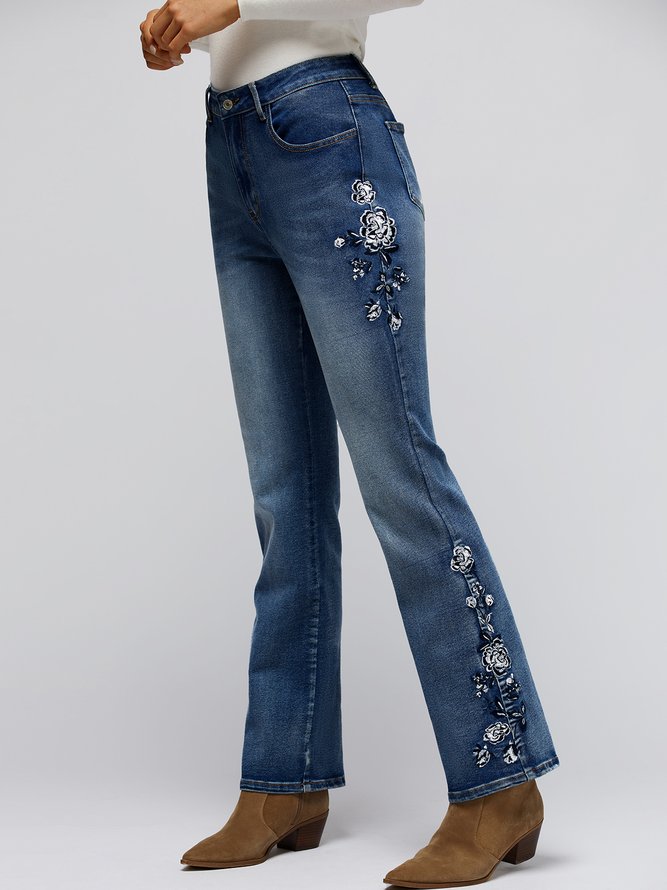 Lässig Bestickt Geblümt Denim Jeans