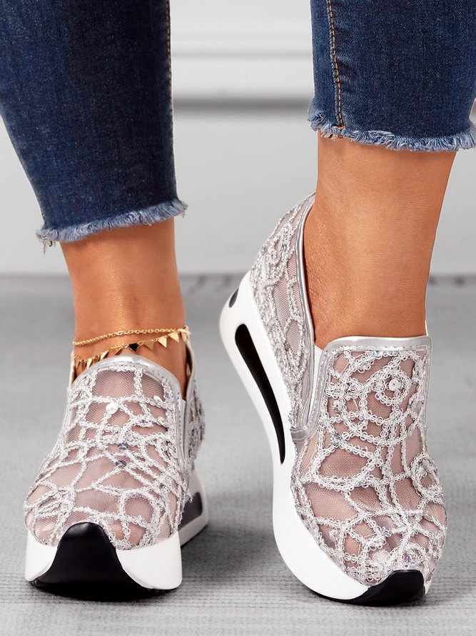 Fashion Paillette Atmungsaktiv Mesh Slip On Plateau Sneakers