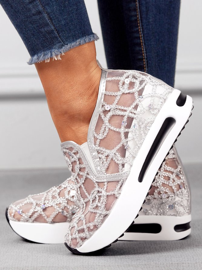 Fashion Paillette Atmungsaktiv Mesh Slip On Plateau Sneakers