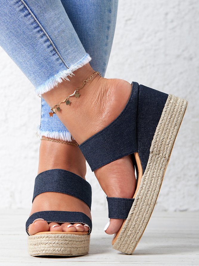 Unifarben Sommer Urlaub Urlaub Hoher Absatz Rund Geflochten Heiße Liste Polyurethan Espadrille Pantolette für Damen