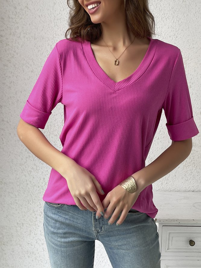 Regelmäßige Passform Unifarben Lässig V-Ausschnitt T-Shirt