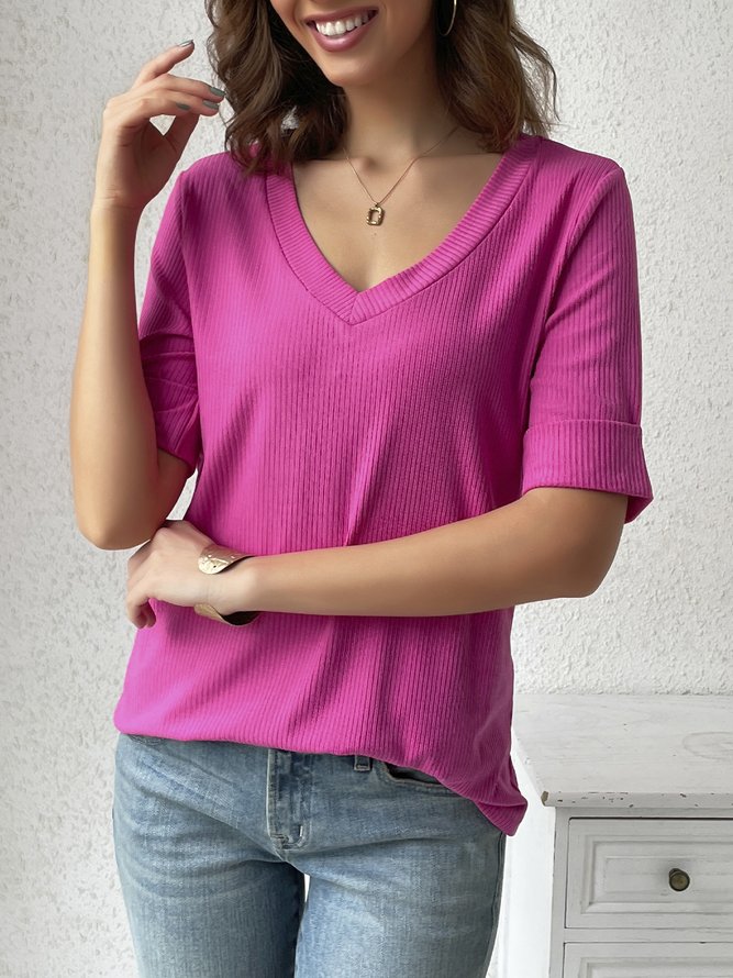 Regelmäßige Passform Unifarben Lässig V-Ausschnitt T-Shirt