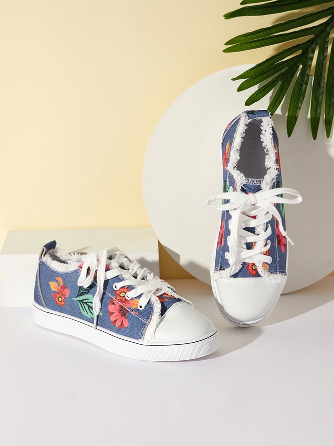 Geblümt Blätter Schnürung Sneakers Denim Sneakers