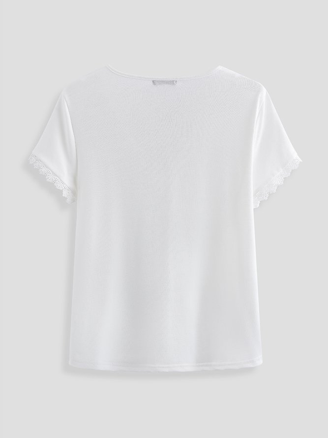 Spitze Regelmäßige Passform V-Ausschnitt Lässig Kurzarm T-Shirt
