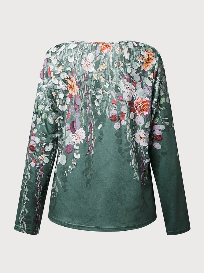 Damen Lässig Geblümt Herbst Regelmäßige Passform Jersey Langarm Regelmäßig H-Linie Mittel Elastizität Bluse Bedruckenn & Shirt