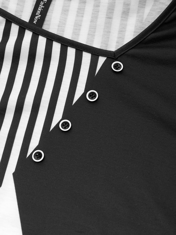 Unifarben Farbblock Streifen Weit Knopf Oberteile T-Shirt Große Größen