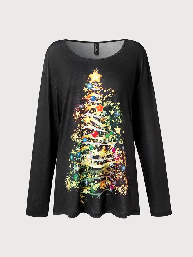 Lässig Rundhals Weihnachten Baum Oberteile T-Shirt Damen