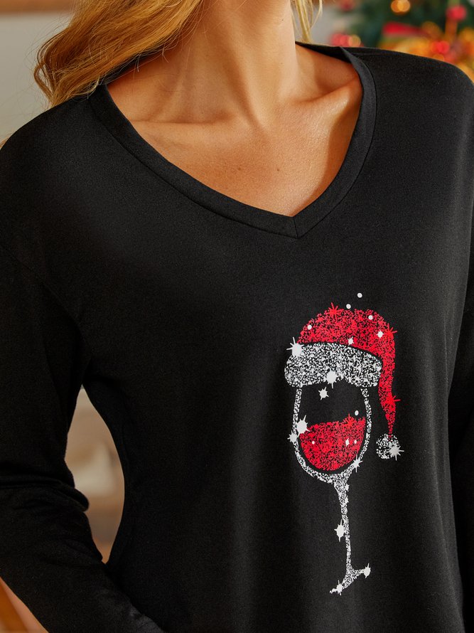 Weihnachten V-Ausschnitt Weit Lässig T-Shirt