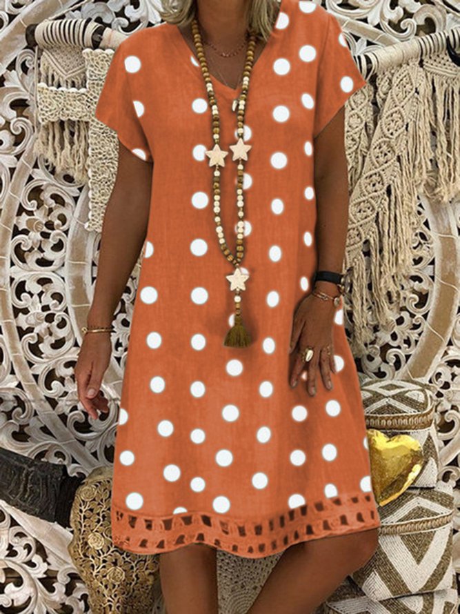 Damen V-Ausschnitt Kurzarm Hohl Polka Dot Sommer Kleid
