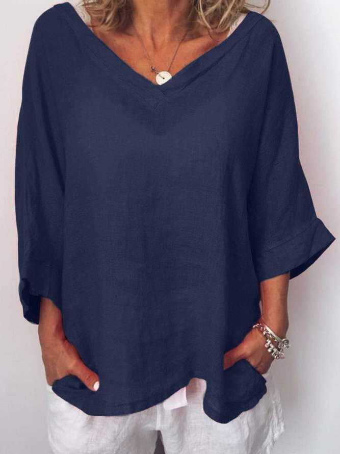 Lässige Unifarben 3/4 Ärmel Blusen&Shirts mit V-Ausschnitt Große Größen