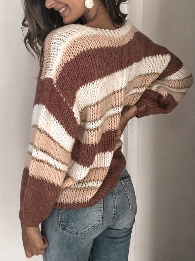Retro Herbst Farbblock Wolle/Stricken V-Ausschnitt Täglich Lässig Langarm Weit Pullover für Damen