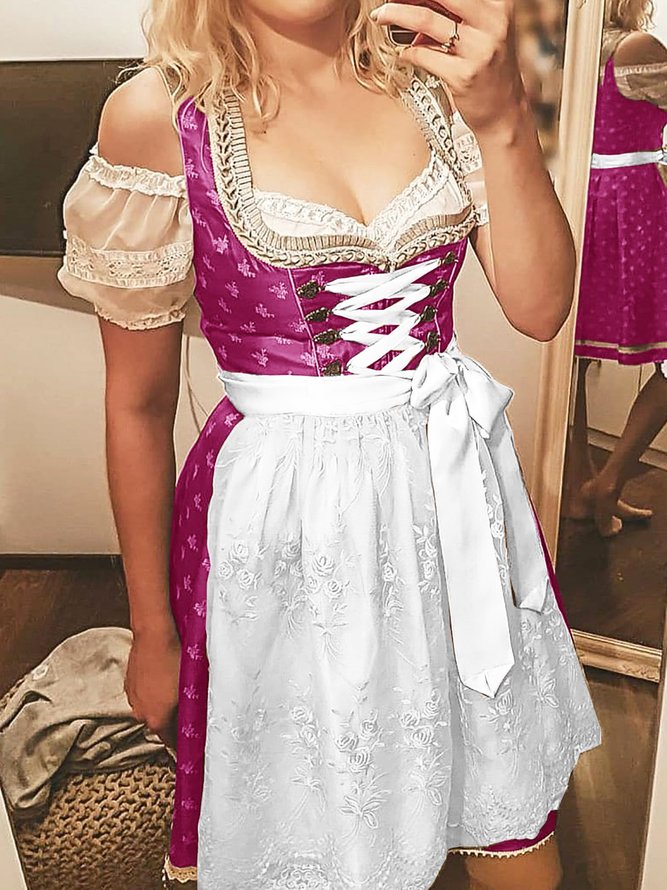 Dirndl Oktoberfest Süß Print Sommer Baumwolle A-Linien Leicht Schnürung Große Größen Süßherz Ausschnitt Kleider für Damen