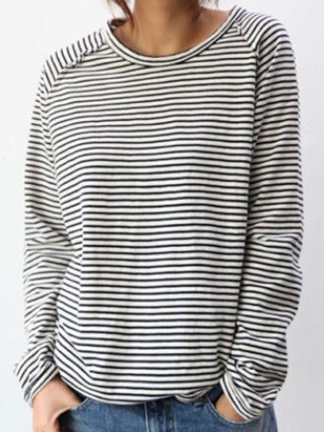 Weiß-Schwarz Langarm Baumwolle Einfach & Basic Shirts & Blusen