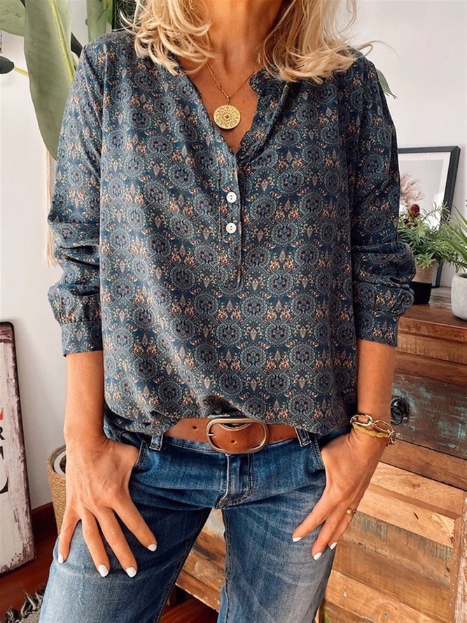 Lässig Retro V-Ausschnitt Blumenmuster Bluse