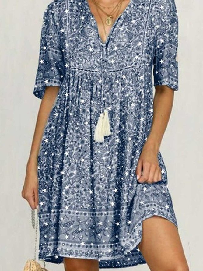 Blau Baumwolle Print Kurzarm Patchwork Kleider