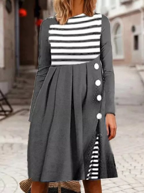 Langarm Baumwolle-Gemisch Lässig Streifen Weberei Kleid