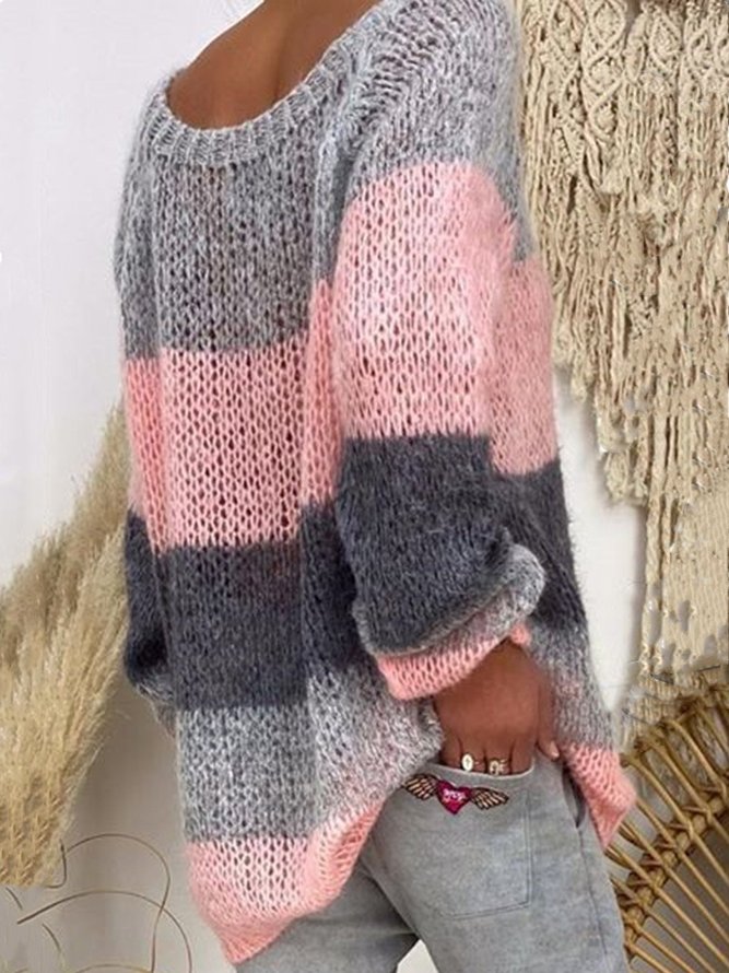 Grau & Pink Farbe-Block Langarm Lässig Pullover