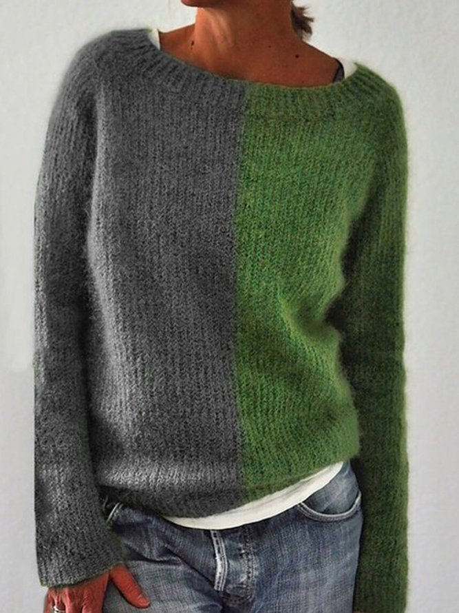 Grün Farbe-Block Rundhals Lässig Pullover