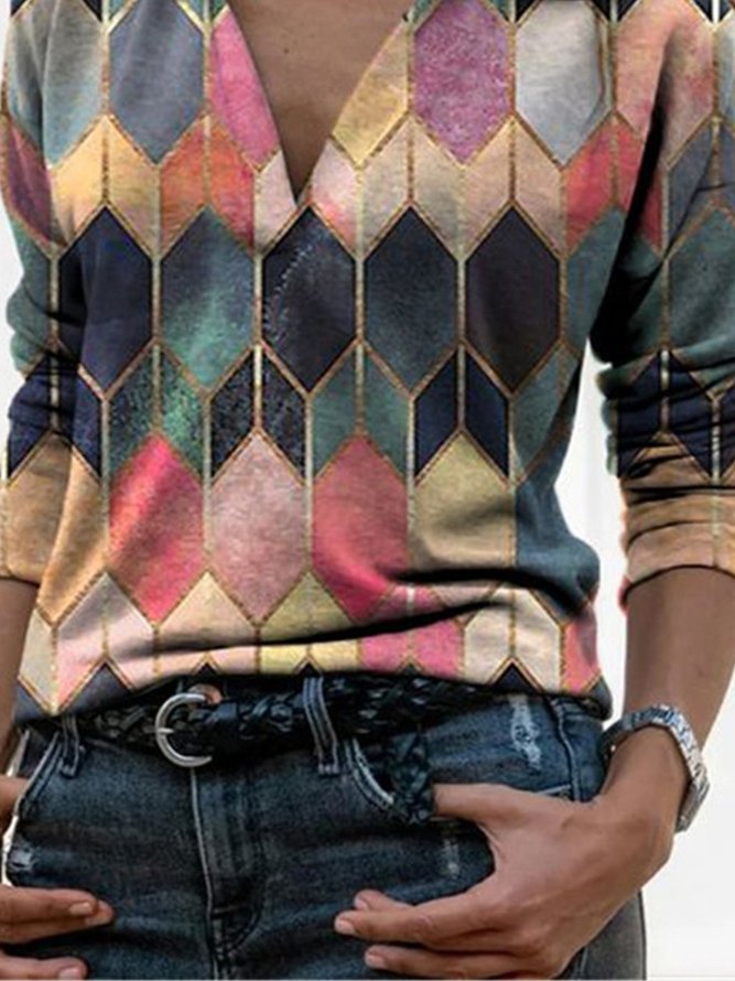 Farbblock Langarm Hemdkragen Abstrakt Bluse Bedrucken