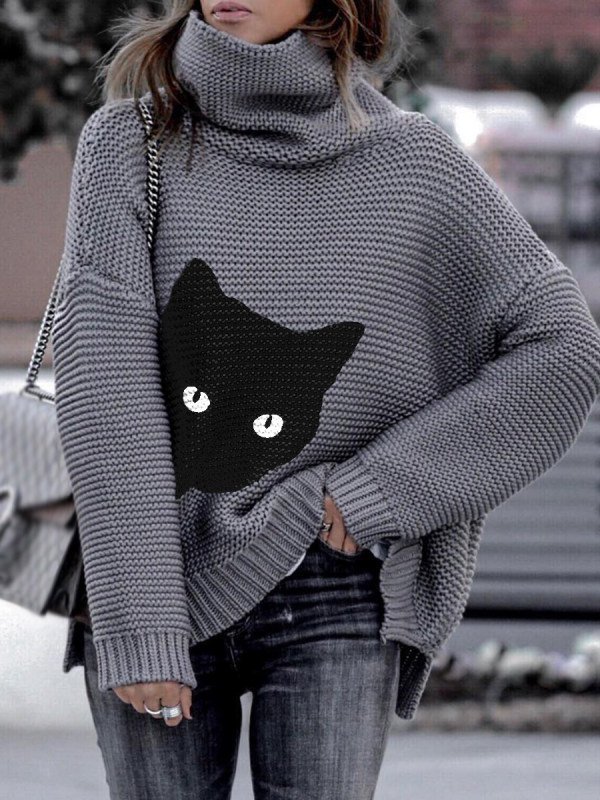 Katzen Print Acryl Rollkragen Normal Lässig Pullover
