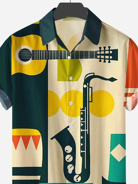 Herren Retro Gitarre und Saxophon Print Hawaiische Revers Shirts