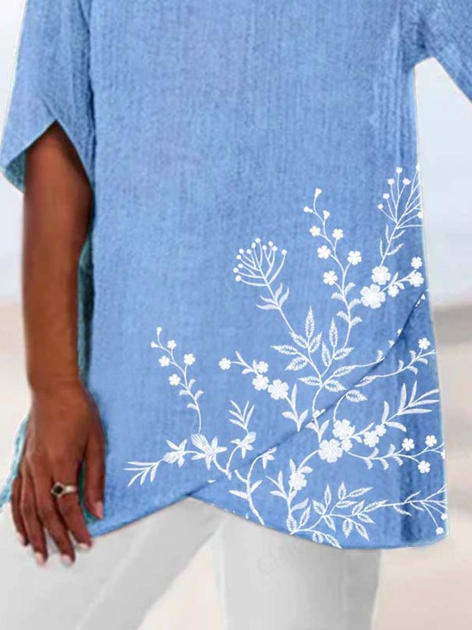 Geblümt Kurzarm Print Polyester V-Ausschnitt Retro Sommer Blau Bluse