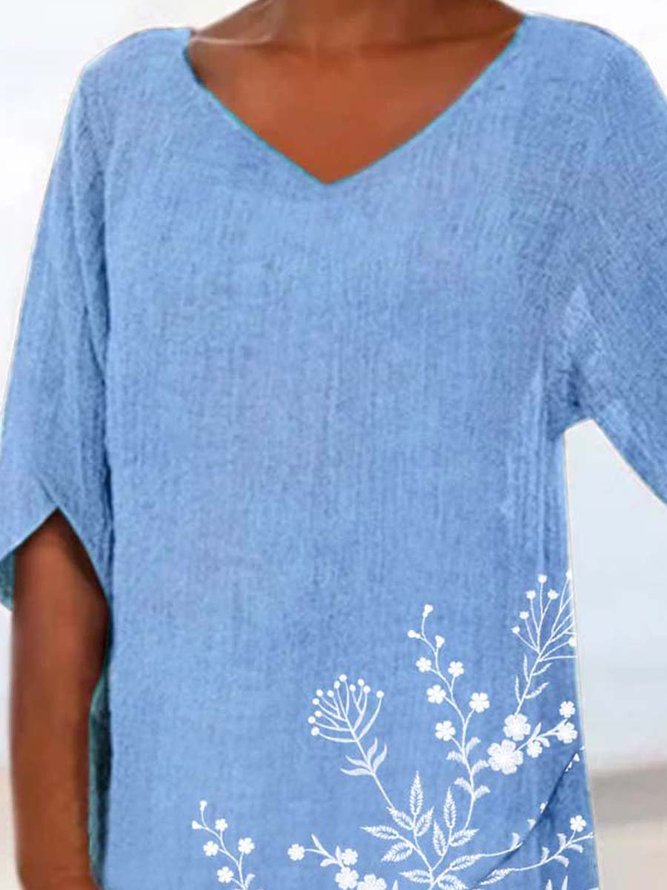 Geblümt Kurzarm Print Polyester V-Ausschnitt Retro Sommer Blau Bluse