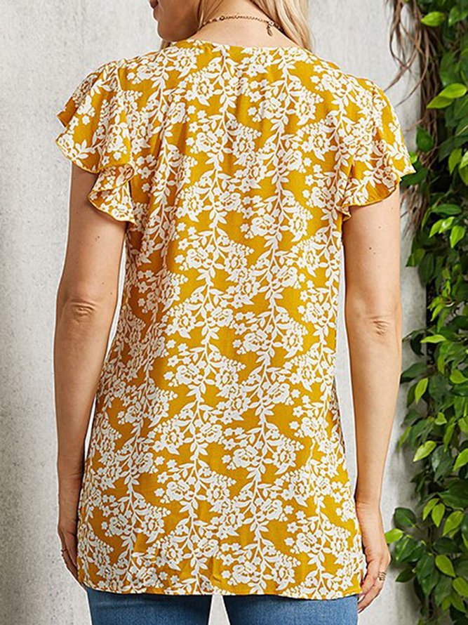 Tiefer V-Ausschnitt Kurzarm Print Blusen & Shirts