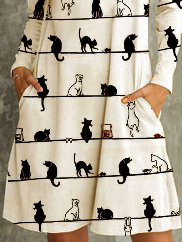 Langarm Baumwollmischung Kleider mit Katze Print