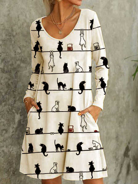 Langarm Baumwollmischung Kleider mit Katze Print