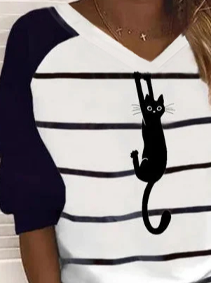 V-Ausschnitt Langarm Shirts & Blusen mit Katze Print