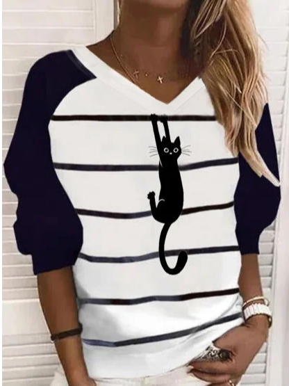 V-Ausschnitt Langarm Shirts & Blusen mit Katze Print