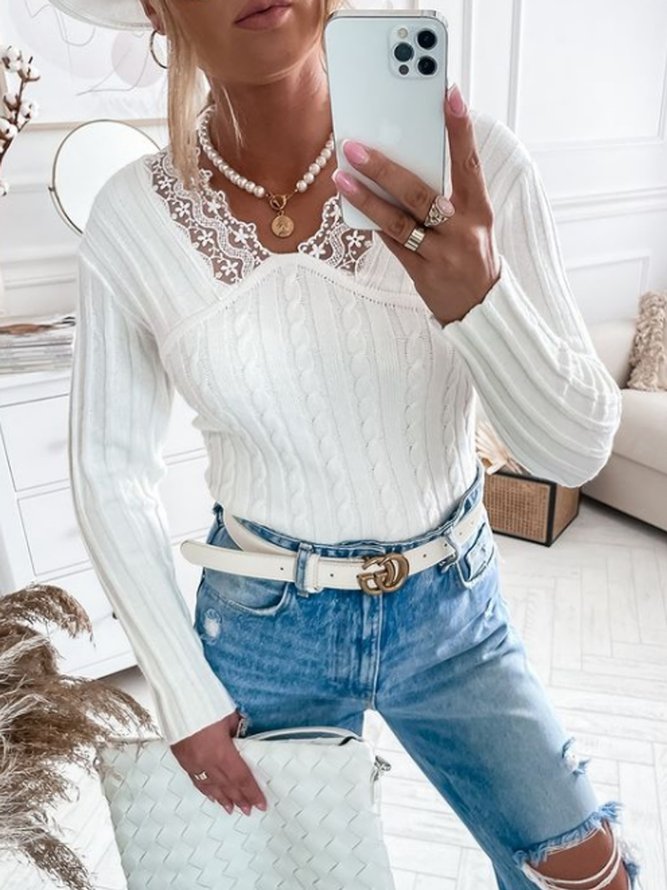 V-Förmige Nähte Pullover mit Spitze