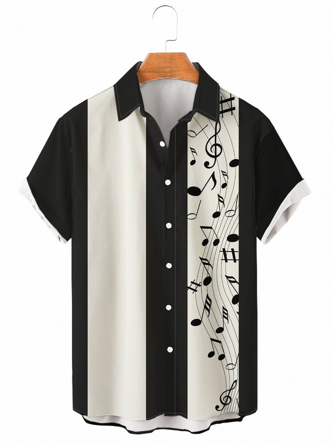 Herren Retro Musik Print Lässig Revers Kurzarm Hawaiische Shirts