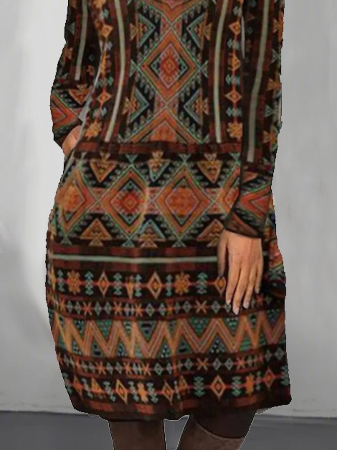 Damen Ethnisch Geometrisch Tasche Print Herbst V-Ausschnitt Freizeitkleid