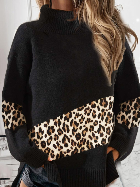 Fashion Leopard Print Farbblock Rollkragen Pullover Damen