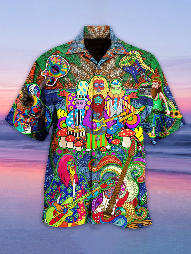 Hawaiische Hippie Retro Musik Elemente Herren Lässig Kurzarm Bluse
