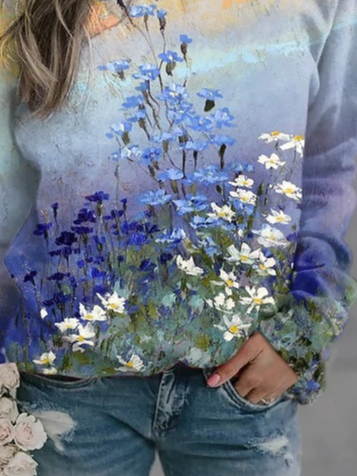 Rundhals Lässig Geblümt Locker Sweatshirt