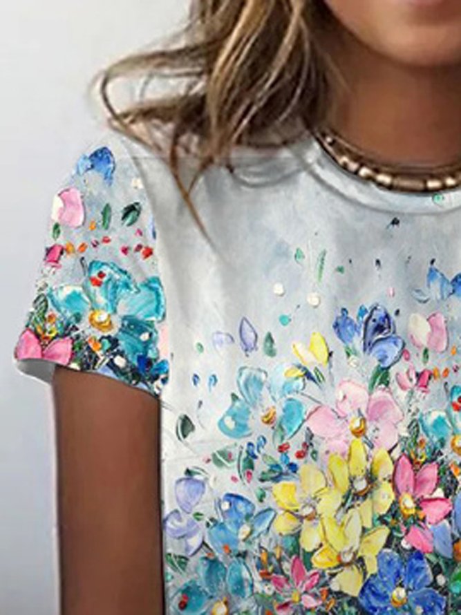 Geblümt Rundhals Baumwollgemisch T-Shirt