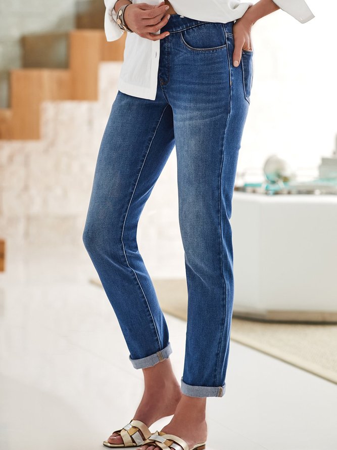 Lässig Urlaub Unifarben Elastische Taille Denim Jeans
