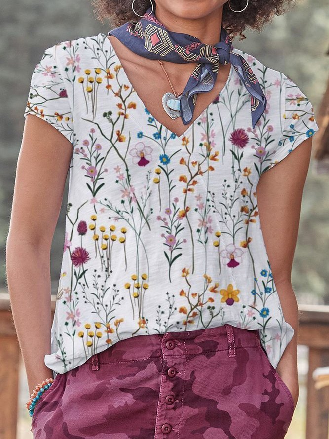 Blumenmuster Lässig V-Ausschnitt Shirts & Blusen