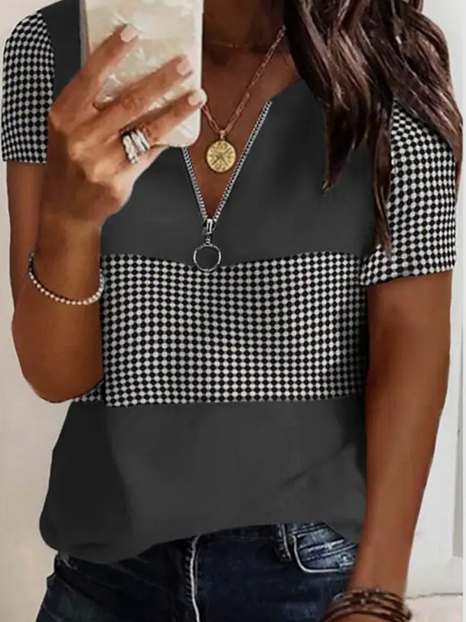 Gitter V-Ausschnitt Retro Kurzarm T-Shirt