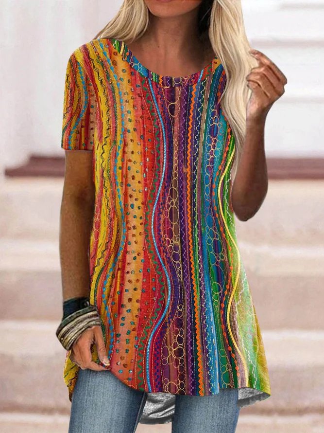 Bunt Geometrisch Lässig Rundhals Kurzarm Blusen & Shirts