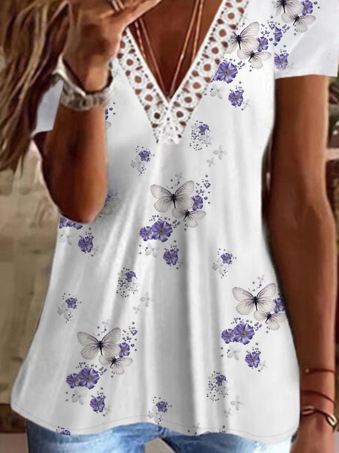 V-Ausschnitt Kurzarm T-Shirt mit Schmetterling Print