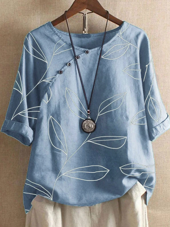 Rundhals Halbarm Pflanzen Blusen&Shirts