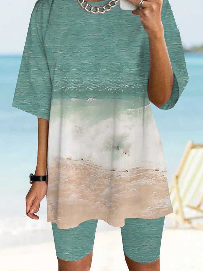 Wunderbar Ozean Strand Serie Erde Tag T-Shirt Hosen Zwei Stücke passen Strand Große Größen